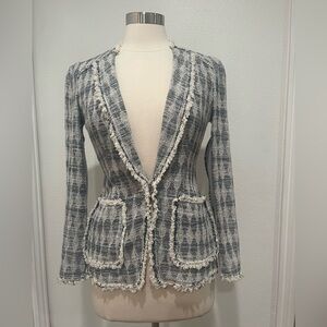 Rebecca Taylor Light Gray/Blue Tweed Structured One Clasp Blazer